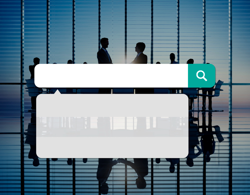 Displays a silhouette of a business meeting in front of a large window, overlaid with a prominent search bar and a blank text box interface.