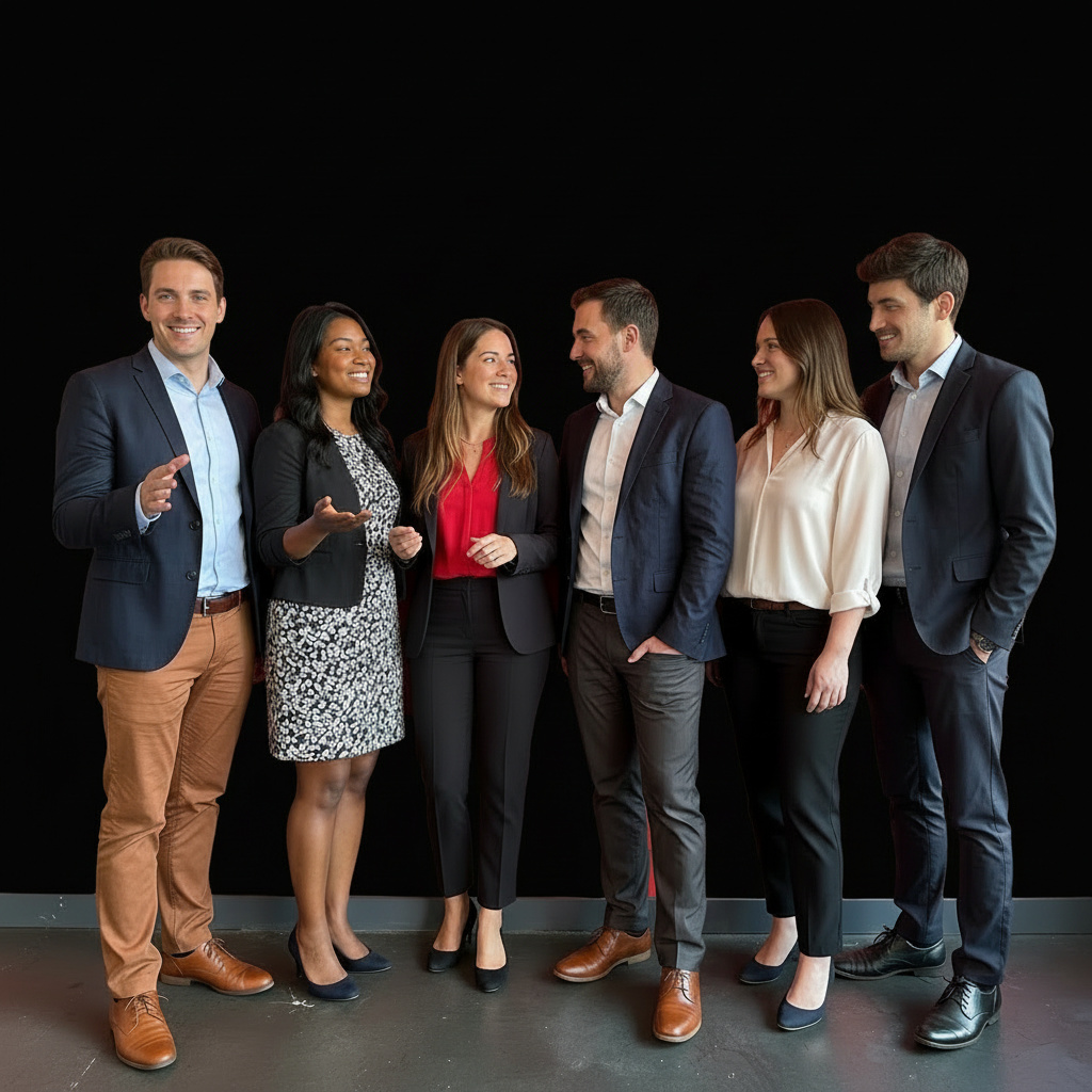 Depicts a group of six professionals in business casual and formal attire standing and interacting against a plain black background.