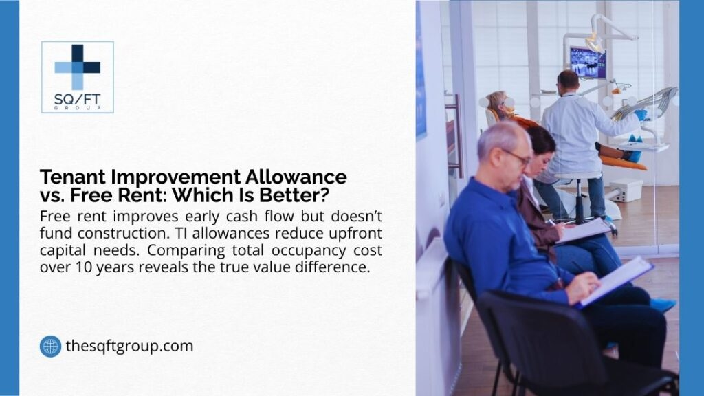 Waiting area in a modern dental clinic with several patients seated on black chairs, including an older man reviewing paperwork, while dental staff treat a patient in the background operatory room with overhead lights and equipment.