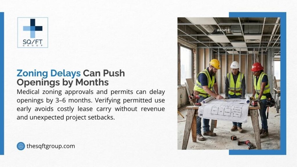 Three construction workers reviewing floor plans at a medical office buildout site, illustrating how zoning delays can push practice openings back by months.