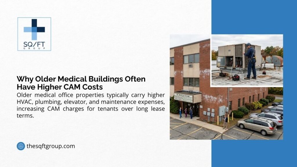 SQ/FT Group infographic "Why Older Medical Buildings Often Have Higher CAM Costs" featuring a medical office building exterior and a technician servicing rooftop HVAC equipment.