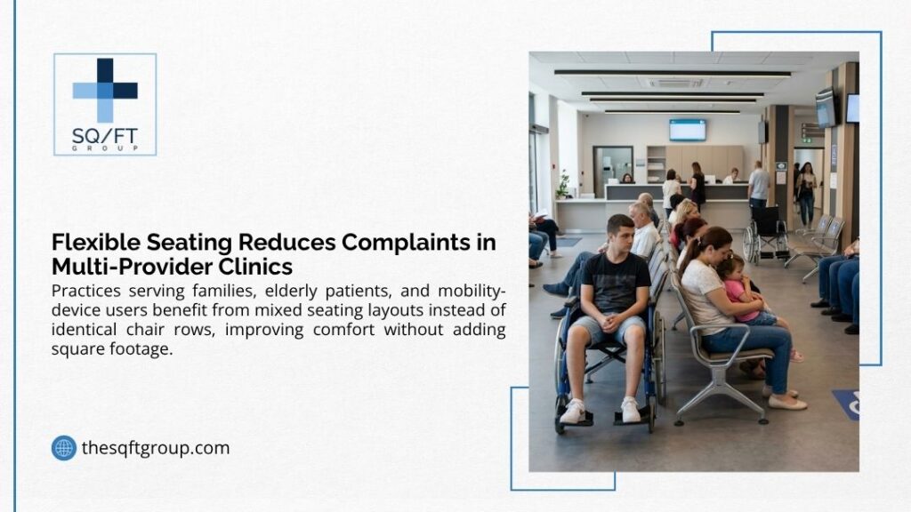 Diverse patients including a wheelchair user seated in a mixed-layout clinic waiting area, showing how flexible seating reduces complaints in multi-provider clinics.