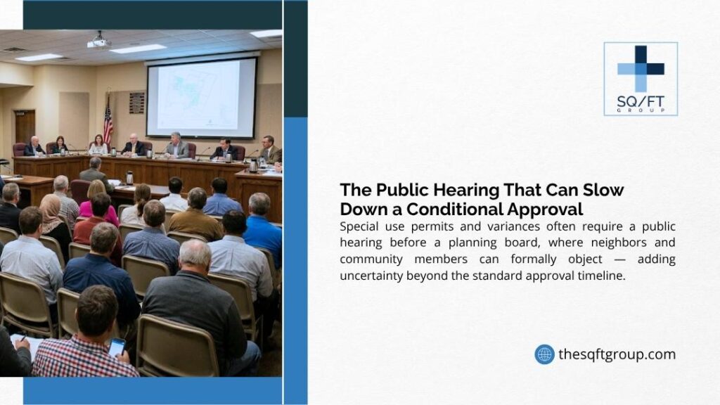 Public planning board meeting with seated audience, illustrating the public hearing that can slow down a conditional zoning approval.