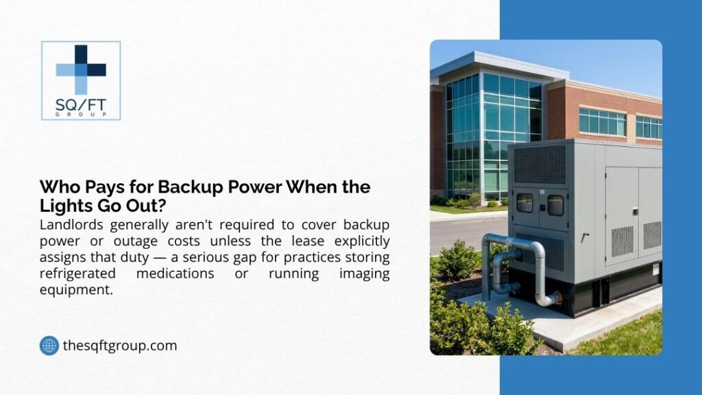 Backup generator outside medical office building, illustrating who pays for backup power when the lights go out at healthcare practices.