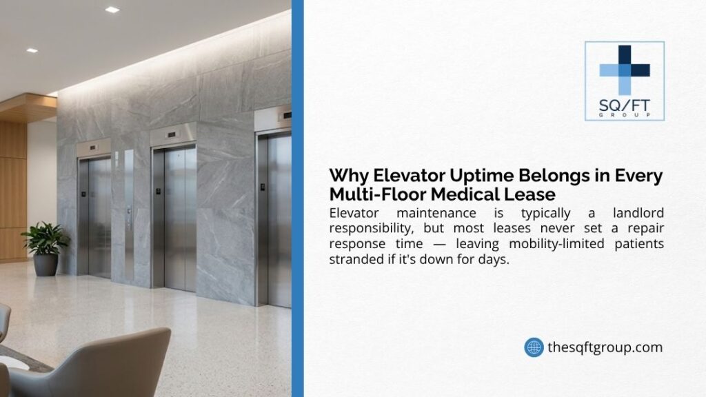 Modern elevator bank in building lobby, illustrating why elevator uptime belongs in every multi-floor medical lease for patient access.