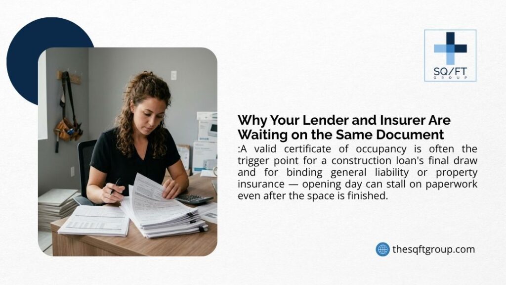 Woman reviewing paperwork in unfinished office space, illustrating why your lender and insurer are waiting on the same certificate of occupancy.