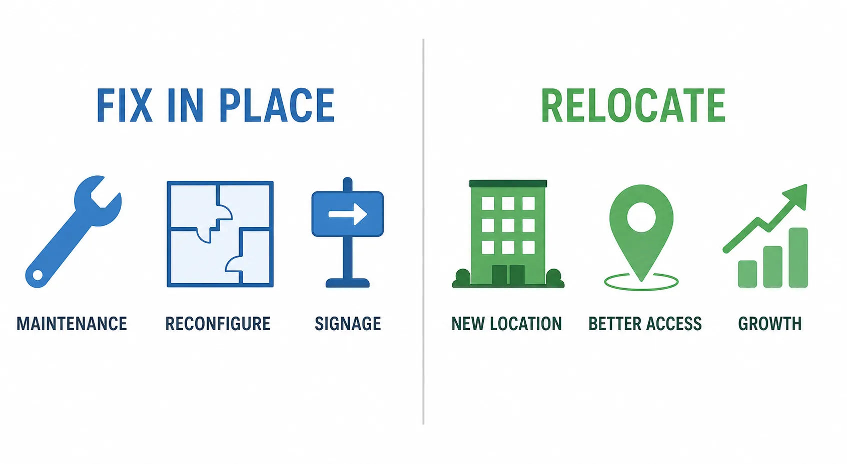 Side-by-side comparison of fixing a medical practice in place versus relocating, each with three icons