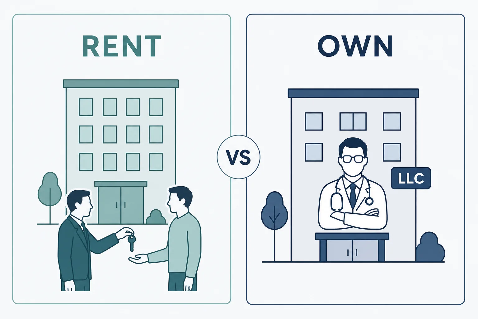 Side-by-side comparison of renting from a landlord versus owning the building through an LLC when selling a practice